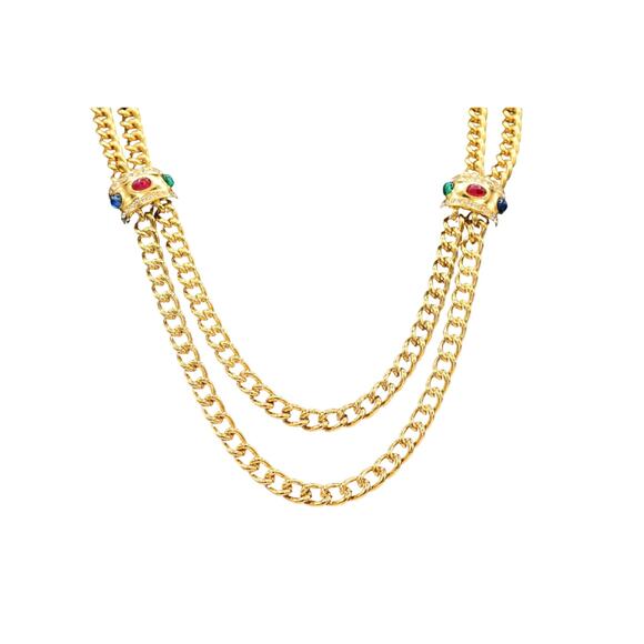 Givenchy Signed Cabochon Necklace Gold Double Chain Runway Vintage 1980s BinY - Picture 2 of 12